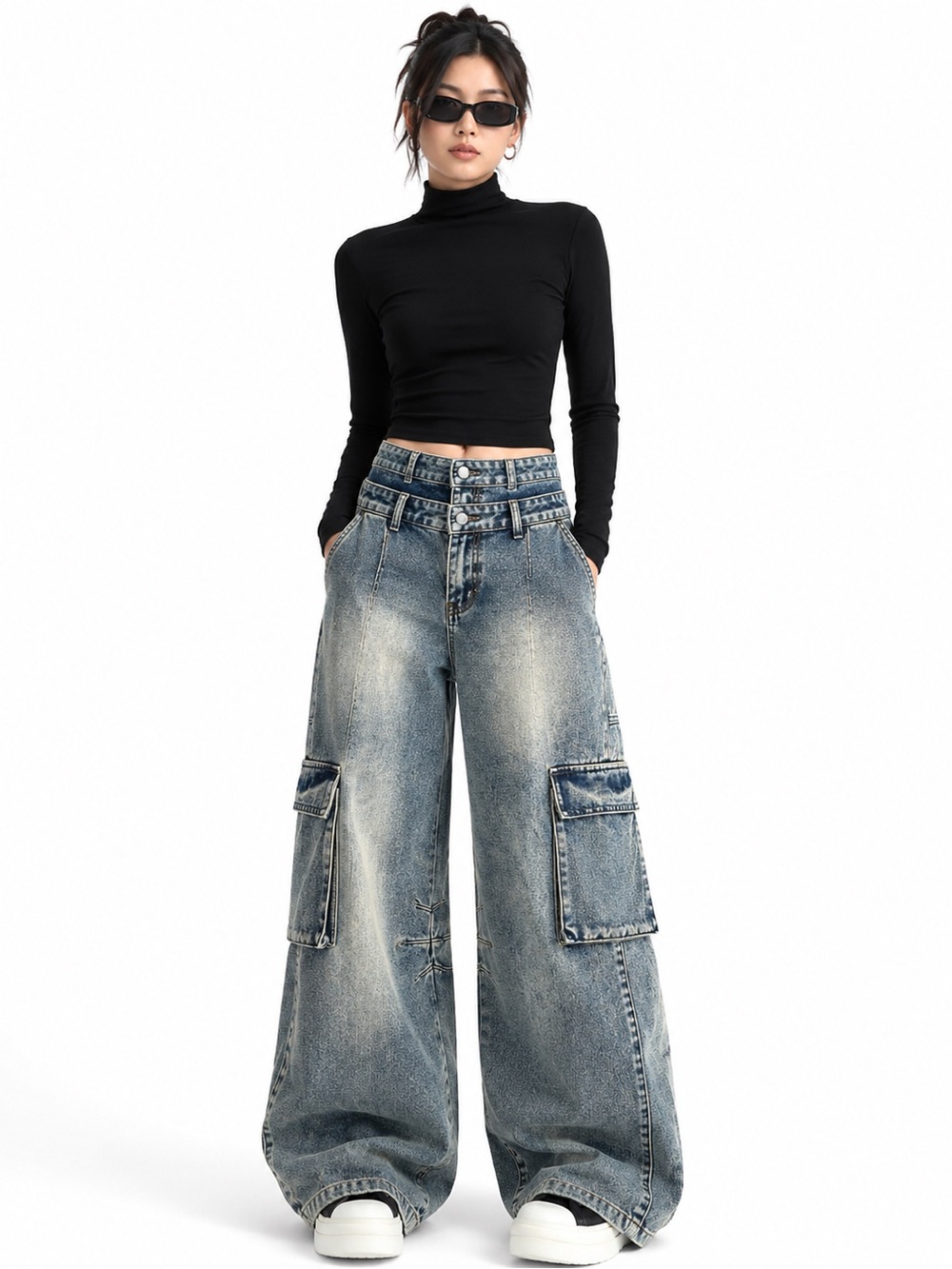 SHEIN Washed Blue High-Rise Wide-Leg Cargo Jeans size 26